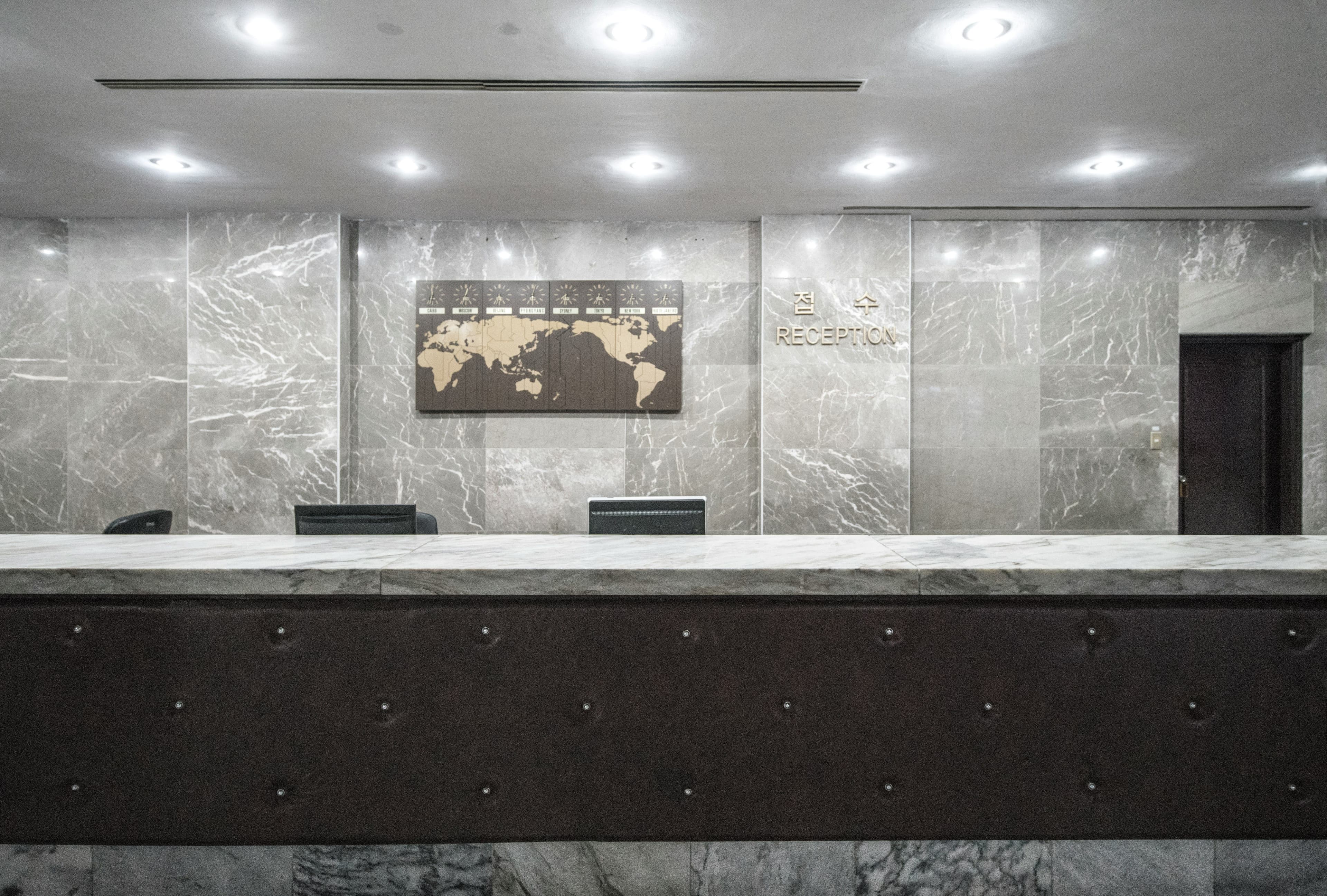 A reception desk at a major company.